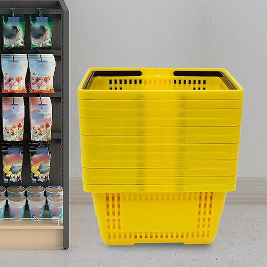 12Pcs 18L Shopping Baskets with Handles, Portable Plastic Retail Grocery Baskets Large Capacity for Stores, Supermarket, Retail, Groceries Shopping (Yellow)