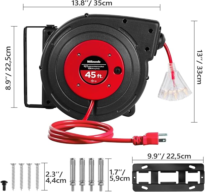 Retractable Extension Cord Reel, 45 FT Heavy Duty Power Cord, 12AWG/3C SJTOW, 3 Grounded Outlets Lighted Triple Tap, 15 Amp Circuit Breaker, UL Listed, Red R45CR06