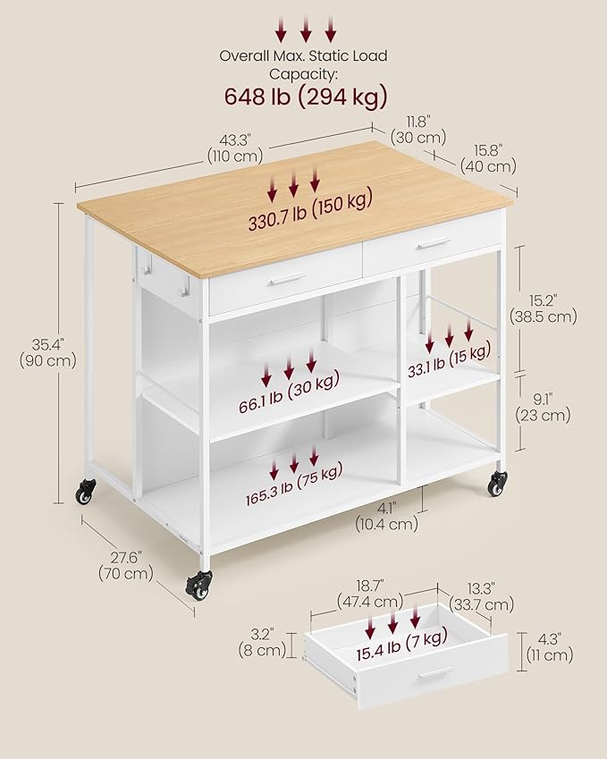 VASAGLE Kitchen Rolling Island, Mobile Kitchen Cart with Storage on Wheels, 27.6 x 43.3 x 35.4 Inches, 2 Drawers, 2 Hooks, for Dining Room, Oak Beige and Matte White UKKI011Y01