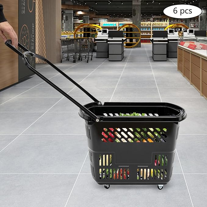 35L 6PCS Shopping Carts with Wheels and Handle, Plastic Rolling Basket, Portable Shopping Baskets Set for Supermarkets and Retail Stores