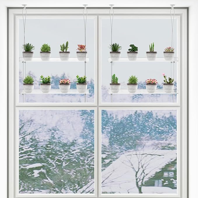 2-Pack Clear Hanging Window Plant Shelves, 2-Tier Indoor Wall Plant Stand Flower Display Organizer Storage for Microgreens,Succulents,Flower,16-Inch