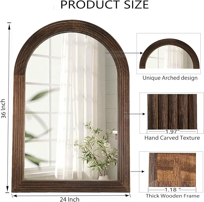 LOSOUR Arched Mirror, Farmhouse Decor Solid Wood Frame Wall Mirror, Bathroom Mirrors, Large Vintage Mirror for Bathroom, Living Room,Bedroom, Entryway, Hallway,Foyer (Coffee, 36" L x 24" W)