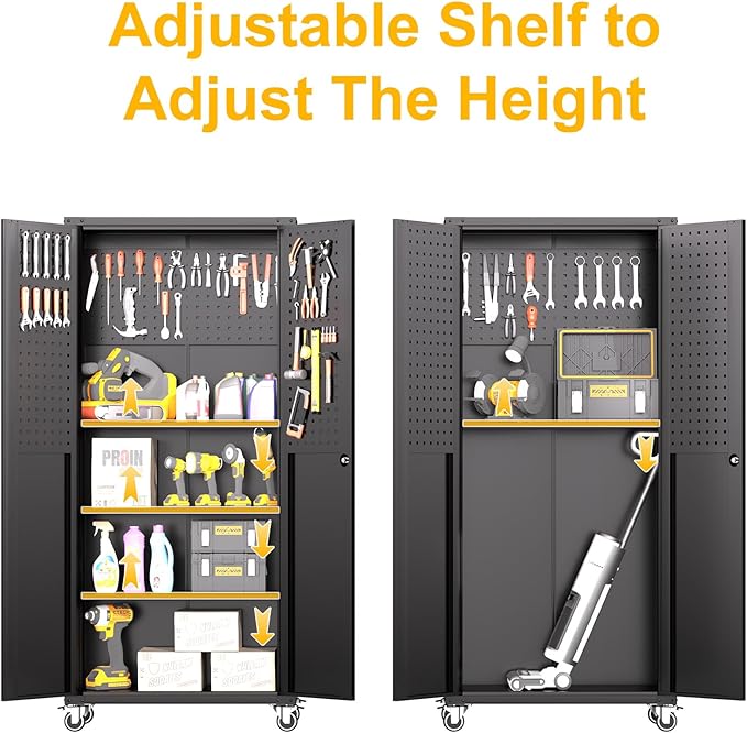 71"H Metal Storage Cabinet with Wheels, Tall Rolling Garage Cabinet with 3 Adjustable Shelves & Locking Doors & Pegboards, Heavy-Duty Tool Cabinet for Home Office, Workshop, Warehouse, Black