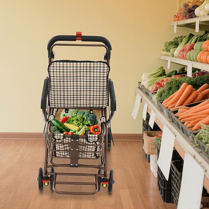 Shopping Cart, 220lbs Foldable Shopping Cart, Utility Cart with Seat & 360° Wheels, for Groceries, Laundry, Camping (Checkered)