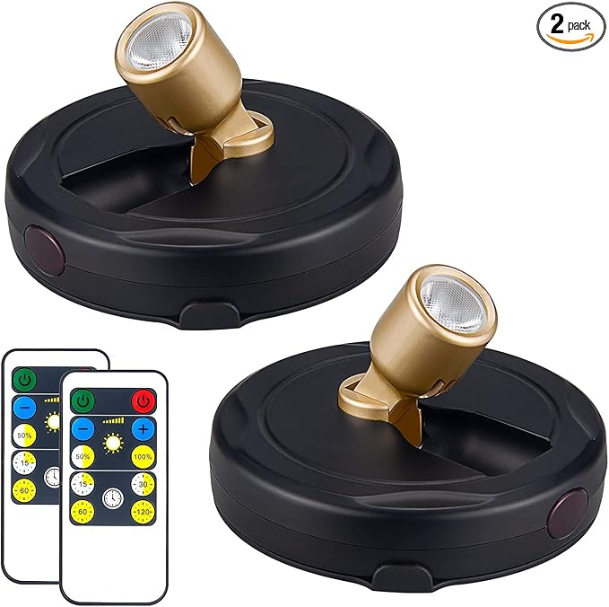 Wireless LED Spotlight, Battery Powered Picture Lights, Uplighting Indoor, Puck Lights with Remote, Stick Spot Light for Wall Art Display Dartboard Painting Artwork Accent Closet-Gold