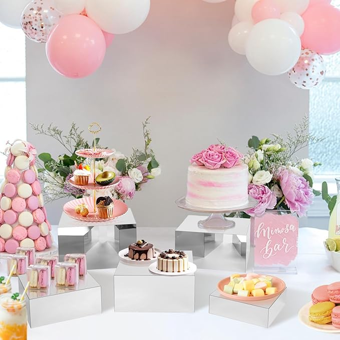 Acrylic Risers for Display 5 Pcs, Food Risers for Party Silver Display Stands Box Nesting Display for Jewelry Bag Cosmetics Catering Dessert Collectibles