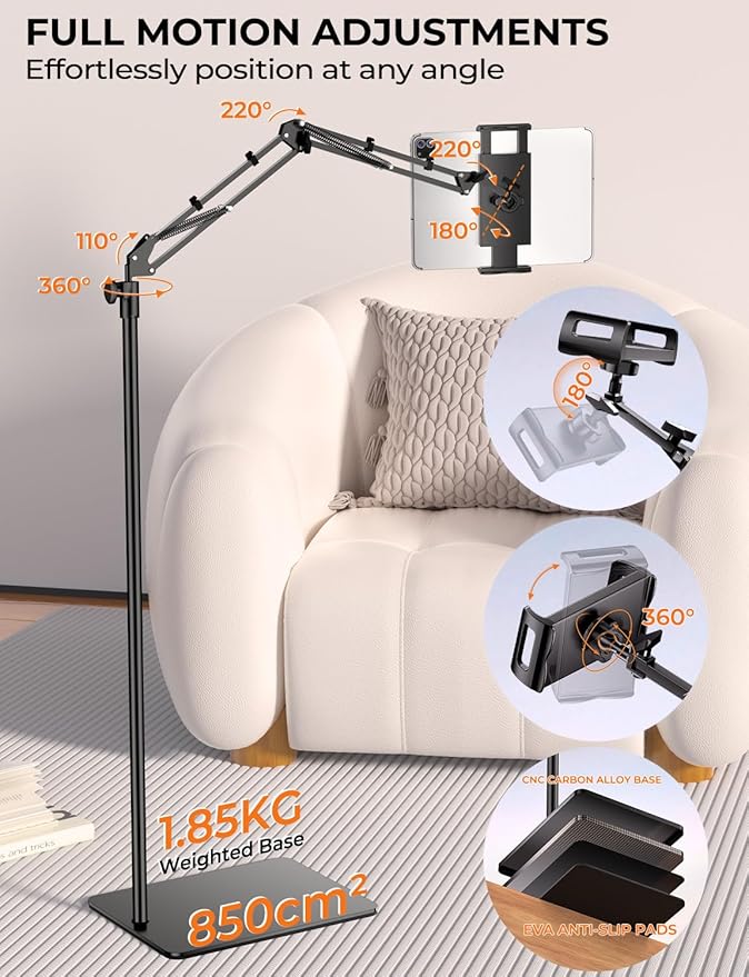 Tryone Tablet Floor Stand for Kindle Holder: E-Book Bed Mount with Page Turner Remote & Flexible Adjustable Arm, 1.85 kg Heavy-Duty Metal Base Compatible with Devices from 4.7-16.1 inches (Black)