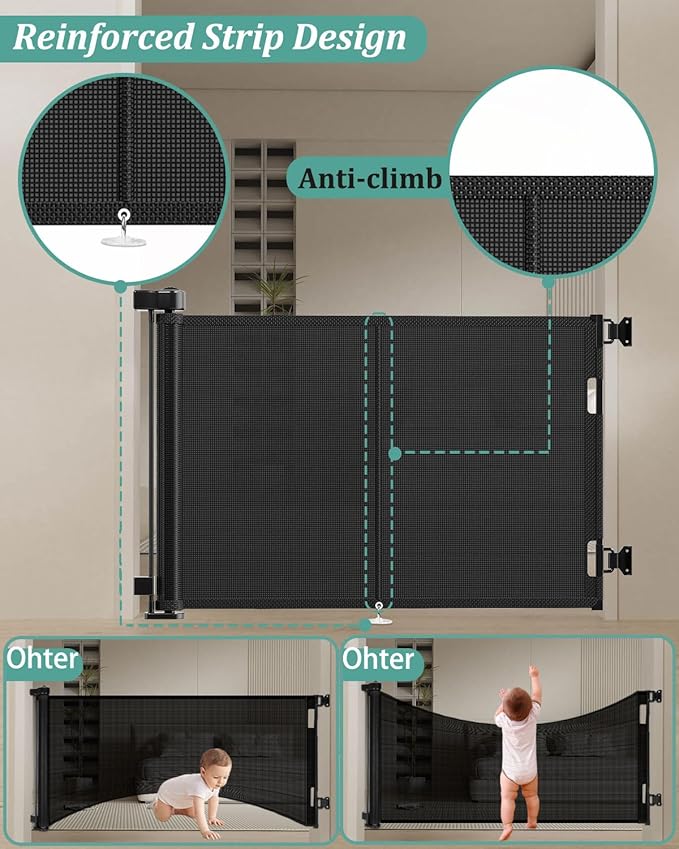 59 inch Retractable Baby Gates 34 inch Tall, Retractable Gate with Reinforced Strip Design to Prevent Crawling Through, 5 FT Retractable Dog Gate for Stairs, Doorways, Hallways, Indoor/Outdoor