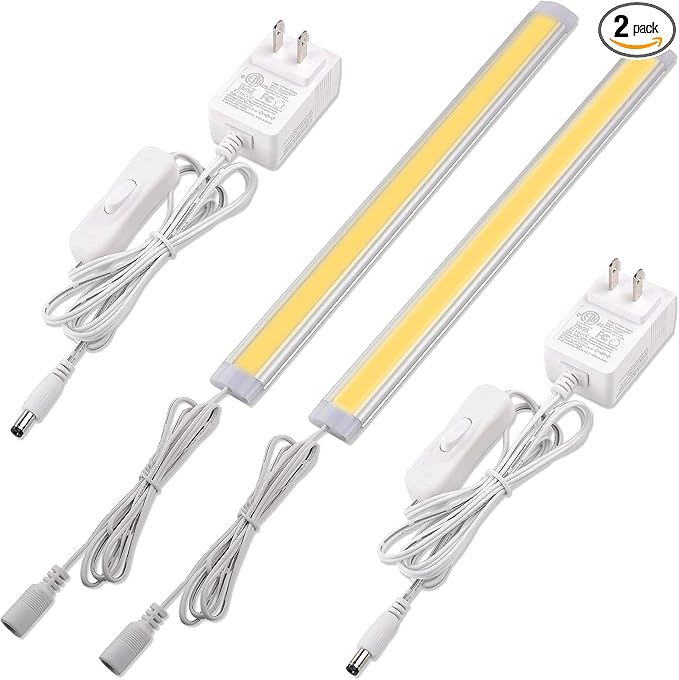 Single Under Cabinet LED Light Bar 12 Inch, Curio Collection Bookshelf Display Accent Lighting, Low Profile, 120 Volt Wall Plugged in, On Off Switch, 2 Light Bars, White Cords, Warm White
