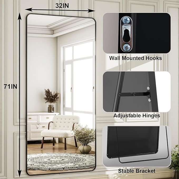 HARRITPURE 71"x32" Large Full Length Mirror - Rectangular Black Aluminum Frame Floor Mirror with Stand for Bedroom, Living Room, Cloakroom, Full Body Reflection