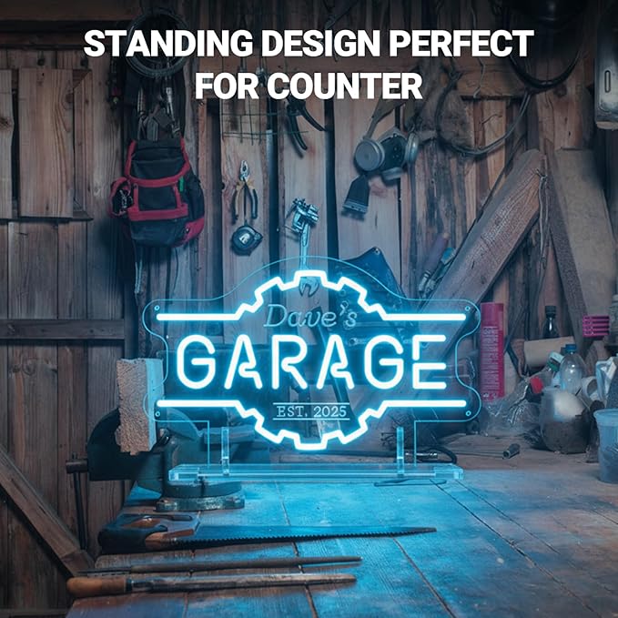 Custom Garage Neon Sign, Personalized 3D Engraved Gear Garage Name LED Sign, Customized Dimmable Neon Lights for Garage, Workshop, Carport & Man Cave Wall Decor, Gifts for Dad Father Husband Grandpa