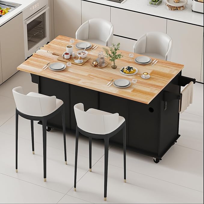 67’’ Movable Kitchen Island with Drop Leaf and Power Outlet, Lockable Sliding Countertop Rolling Island Cart with 2 Large Drawers, Spice, Towel Rack,Black