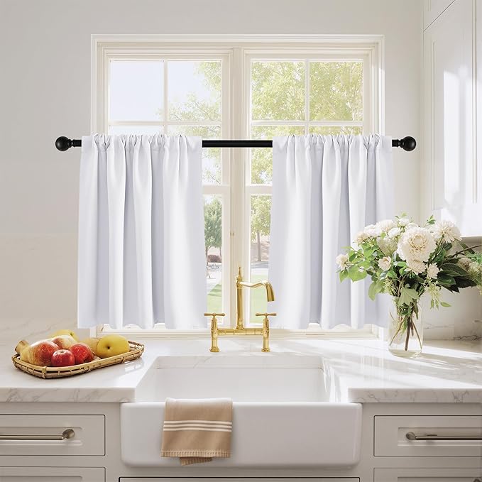 PONY DANCE Short Curtains for Bathroom - Solid 50% Light Block Drapes for Bedroom, RV Curtains for Camper Windows,Cafe Window Decor, W 29 x L 24, Pure White, 1 Pair