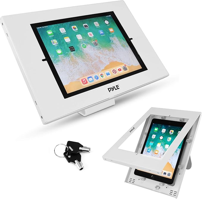 Anti Theft Tablet Security Stand - Wall / Table Mount Desktop iPad Kiosk Stand W/ Lock and Key, Restricted Pin-Hole, 90° Rotate - iPad, iPad Air, iPad Pro, Samsung Galaxy Tab A (2019) - Pyle PSPADLK15
