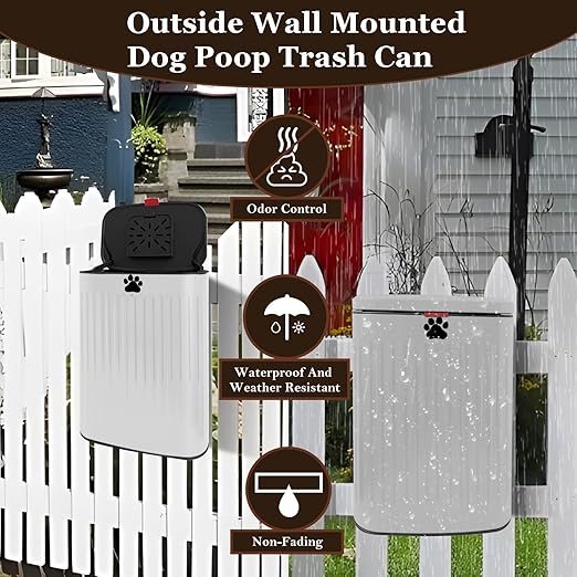 Dog Waste Trash Can Wall Mounted, 2.1Gal Small Outdoor Trash Can with Lid, Hanging on Fence, Dog Poop Bucket with 40 Bags, Inner Waste Bin, White