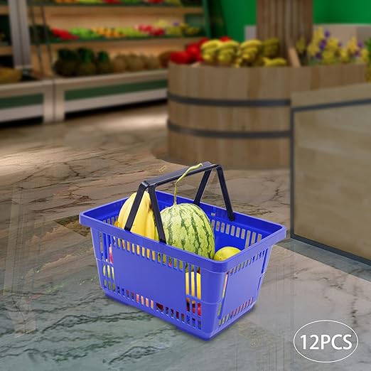 12Pcs 18L Shopping Baskets with Handles, Portable Plastic Retail Grocery Baskets Large Capacity for Stores, Supermarket, Retail, Groceries Shopping (Blue)