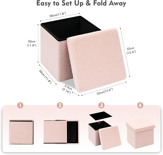 B FSOBEIIALEO Small Storage Ottoman Cube Sherpa Ottomans Foot Rest, Foldable Boucle Ottoman, Faux Teddy Fur, Pink 12.6"x12.6"x12.6"