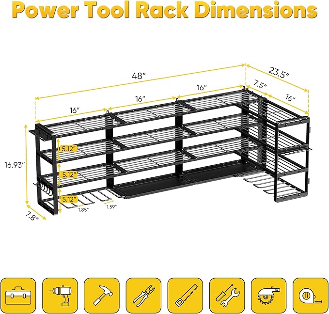 Extra Large 64" W Power Tool Organizer Wall Mount, Load 1000 lbs, Heavy Duty 4 Tier Garage Storage Rack with 8 Drill Holders, 2 in 1 Corner or Straight Installation, Christmas Gift for Men