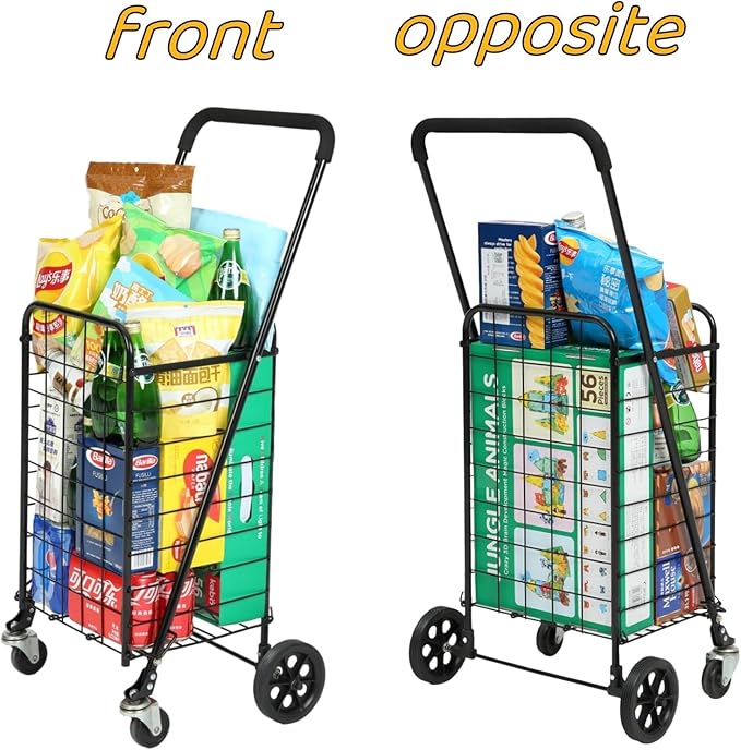 Siffler Grocery Shopping Cart with 360° Swivel Wheels Folding Utility Cart with Easily Collapsible Cart with Extended Foam Cover, Trolley for Laundry, Groceries, Travel (Black, Small)