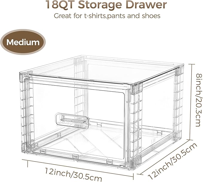 Vtopmart 2 Pack 18QT Clear Stackable Storage Drawers,Easily Assemble Closet Organizers,Plastic Storage Bins for Bathroom,Cabinet,Kitchen Pantry,Under Sink Organization(Medium)