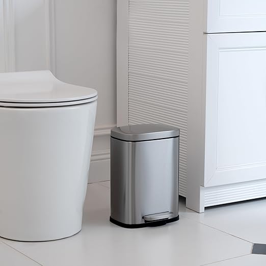 Amazon Basics Smudge Resistant Mini Rectangular Trash Can With Soft-Close Foot Pedal, Brushed Stainless Steel, for Bathroom & small space, 5L/1.32 Gal, 7.3x8.5x11.8 in, Satin Nickel Finish