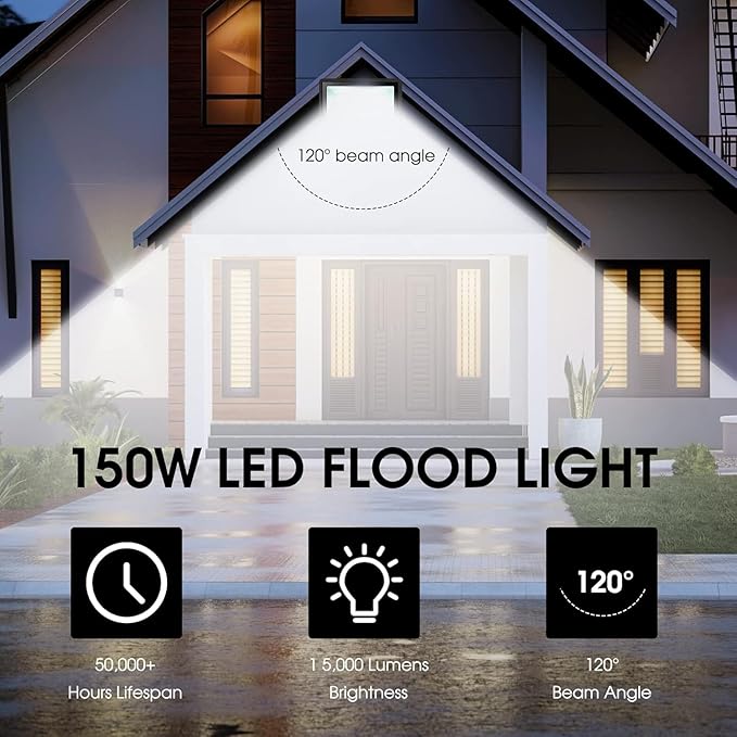 3 Pack 150W LED Flood Light Outdoor,Super Bright Security Light,15500LM IP66 Waterproof Floodlight,5000K Daylight LED Exterior for Basketball Court, Stadium, Playground