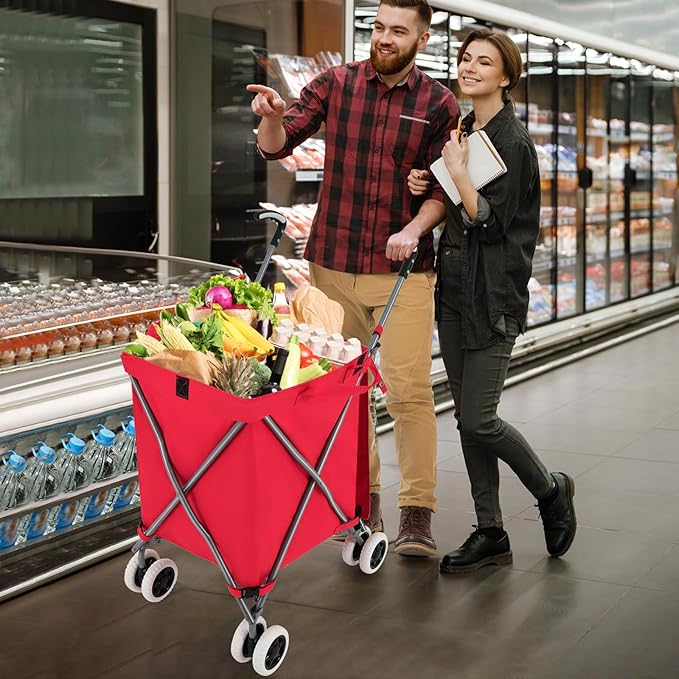 Goplus Folding Shopping Cart with Wheels, Grocery Cart with Removable Oxford Cloth Liner, Lightweight Utility Cart for Groceries Laundry, Red