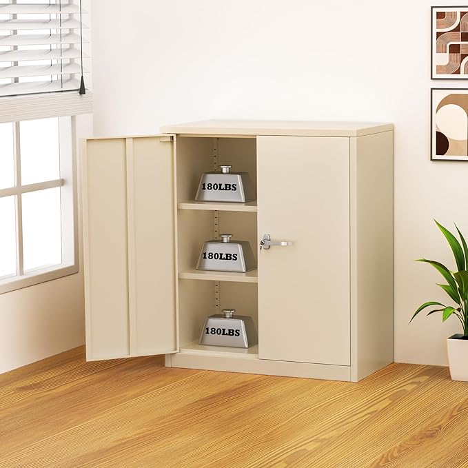 INTERGREAT Metal Garage Storage Cabinet, 36" Lockable Storage Cabinet with 2 Doors and 2 Adjustable Shelves, Steel Cream Grey File Cabinet Great for Home Office, Garage, Warehouse, Study Room