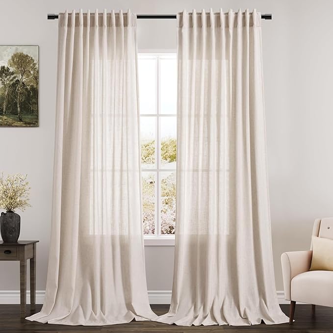 Nanspring Beige Linen Curtains 90 Inches Long for Living Room Back Tab and Rod Pocket Semi Sheer Privacy Curtains Farmhouse Linen Cotton Textured Curtain for Bedroom 70x90,2 Panel