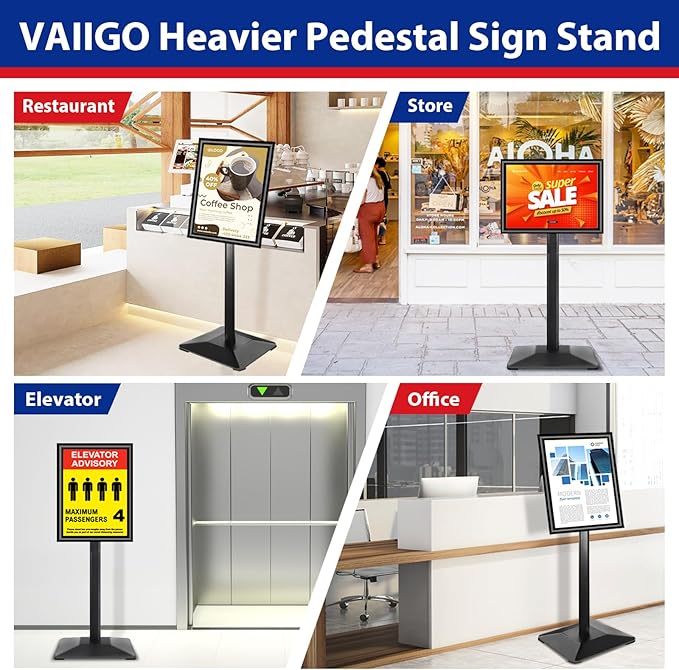 Pedestal Sign holder Stand 11x17inch Adjustable Standing Floor Sign Stand with Heavy Base & Snap Frame Display Stand for Indoor Outdoor Business Store Sign Holder Poster Stand (Black)