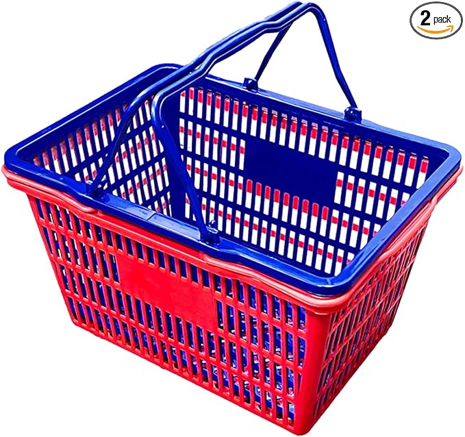 Stackable Plastic Shopping Baskets, Red and Blue, Easy-Grip Handles for Grocery, Retail, Liquor Stores, Home Use (2-pack, Red & Blue Assorted)