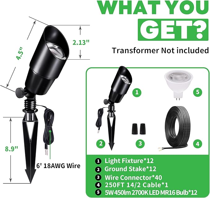 Black Outdoor LED Landscape Lights Kit, with 12 Pack 12V Low Voltage Spotlight and 250FT Cable and 40 Wire Connectors, Waterproof Aluminum Spotlights for Home Patio, Without Transformer