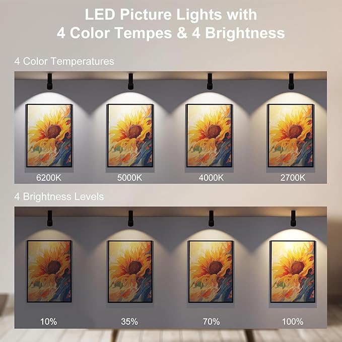 LED Ceiling Picture Lights with 6000mAH Rechargeable Battery Powered, Cordless Painting Wall Lamps Sconces with 4 Brightness&Color Temp,CRI≥95, Indoor Spotlight for Art Display Photo Portraits Gallery