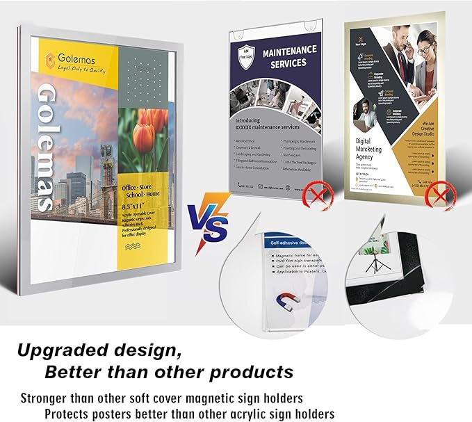 Acrylic Magnetic Sign Holder, Easy-Opening 8.5 x 11 Wall Mount Display Frames, Self Adhesive Back Plastic Clear Document Frame, Horizontal & Vertical Display (Silver, 6Pack)