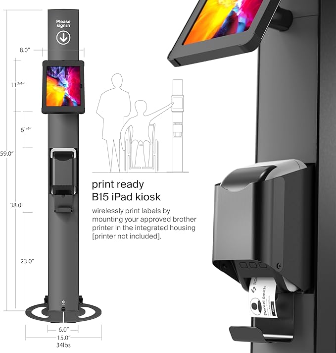 SPROCKET Premium Kiosk Stand T Print B15 - Most Advanced & Key-Locked Secure Tablet Floor Stand with Label Printer, Adjustable Mount & Ergonomic Design, Compatible with Apple iPad