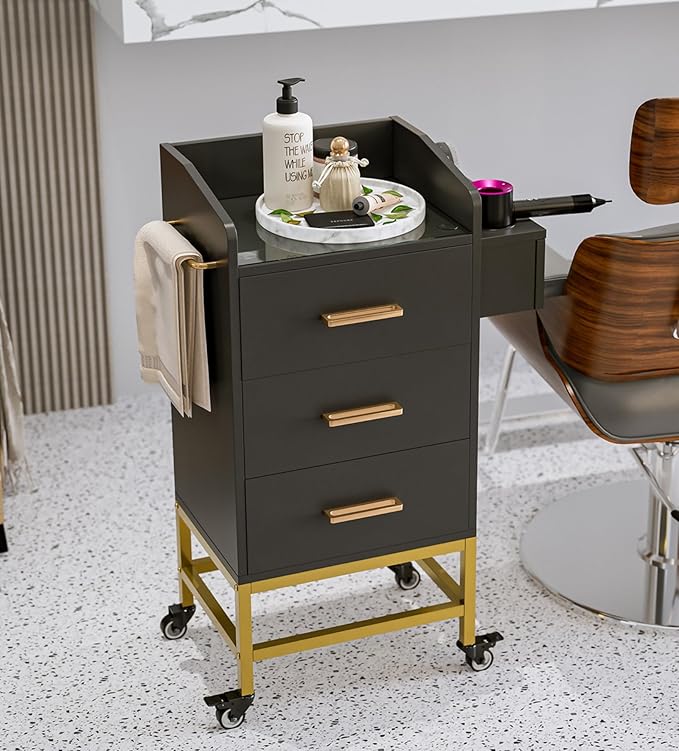 Salon Storage Trolley Cart with with Lockable Wheels, Beauty Rolling Hair Cart with Drawers& Dryer Holder, Salon Stations Cabinet for Beauty Spa Barbershop (Black)