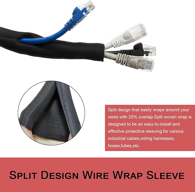 Braided Split Wire Loom Black Wire Cover Protective Harness Tubing Cable Management Self Wrap Cord Sleeve Mesh Woven 3/16"-60ft