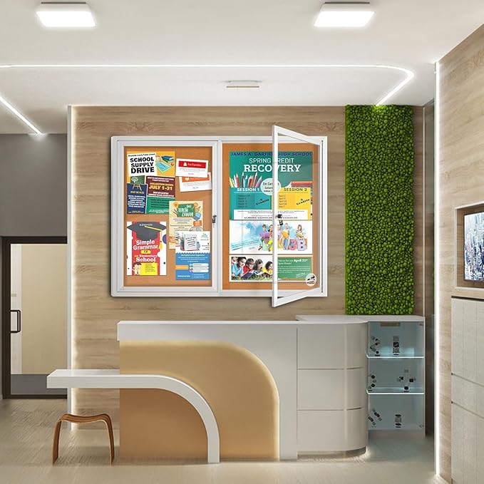 Outdoor Enclosed Cork Bulletin Board 44x32 Inch, Double Door Lockable Wall-Mounted Weatherproof Display Case, Tamperproof Notice Memo Poster Board with Aluminum Frame for Office, School, Community