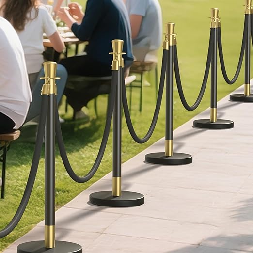 kaiyomi 4Pcs Stanchions with Black Velvet Ropes Set, 5 Feet Velvet Ropes and Posts Poles for Red Carpet Party Decoration and 360° Photo Booth (Golden & Black)