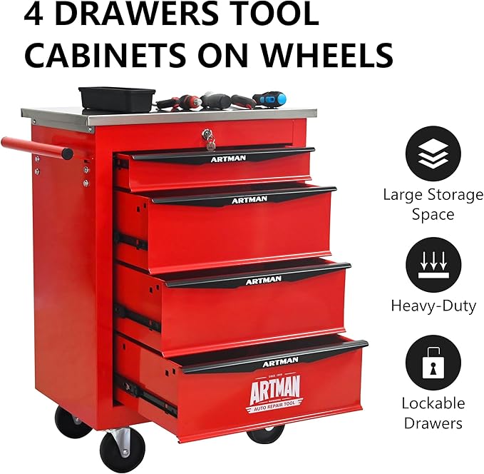 4 Drawer Rolling Tool Chest with Locker, 22.2" D Metal Movable Lockable Tool Cart Box Multi-Functional Hardware Storage Cabinet Box for Warehouse Basement Home Pantry Garage