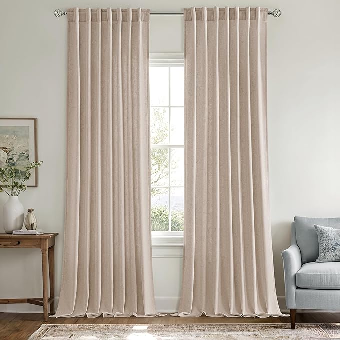 MIULEE Non-See-Through Privacy Linen Curtains 2 Panels, Light Filtering Window Curtains Farn House Textured Back Tab Semi Sheer Drapes for Bedroom Living Room, 52 x 108 Inches Long, Burlywood
