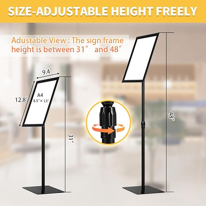 HYNAWIN Adjustable Floor Sign Stand Heavy Duty Pedestal Holder , with Aluminum Snap Open Frame for 8.5x11 Inches, Both Vertical and Horizontal View Displayed, Black