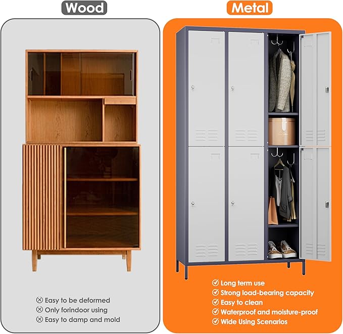 Aobabo Upgraded Metal Storage Locker for Employees, 6 Doors Metal Locker Cabinet with Lock and Name Card Slot, Industrial Storage with 18 Hooks, for Office Gym, Assembly Required,Grey White