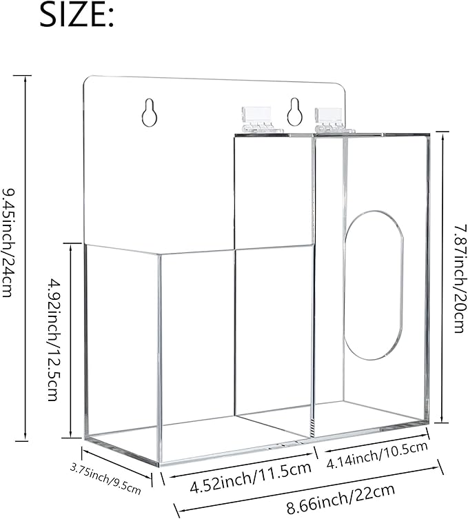 Acrylic Mask Dispenser & Hand Sanitizer Holder Stand Wall Mount or Countertop, Hygiene Station with 2 Compartment Clear Box Dispenser Holder for Face Masks, Gloves, Hairnets, Spray Bottle