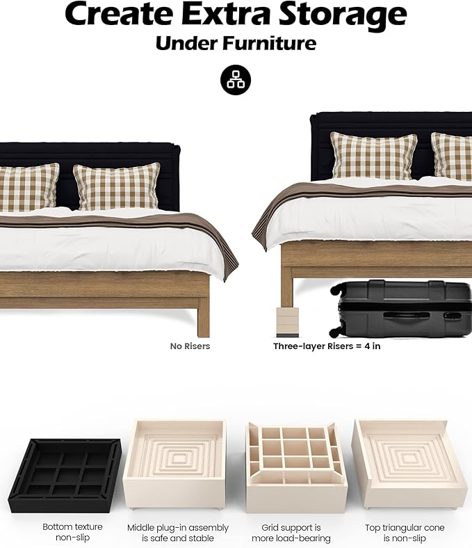 Furniture Risers, Tclouda Bed/Sofa/Desk/Table/Chair Leg/Fridge Lifts to 1.5, 3 and 4 in, Square Adjustable Risers Blocks for Extenders, Heavy Duty Supports Up to 1300 Lbs, 4 in-Apricot-Square