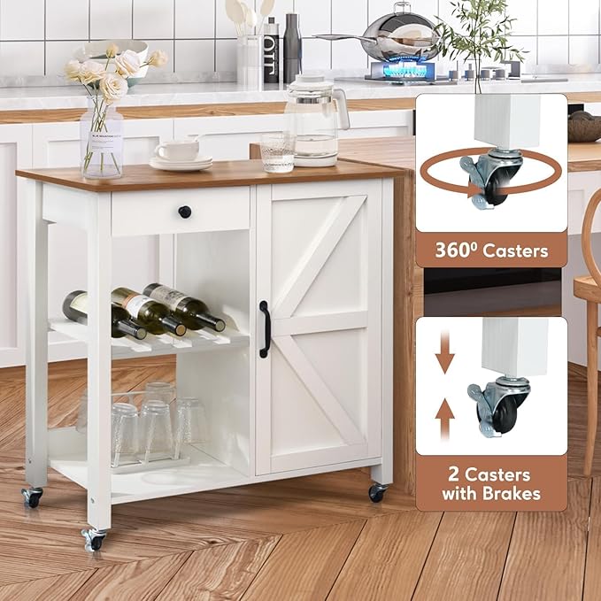 4 EVER WINNER Small Kitchen Island with Storage, Kitchen Island on Wheels with Wine Rack, Coffee Cart, Microwave Cart for Kitchen,Dining Room，White