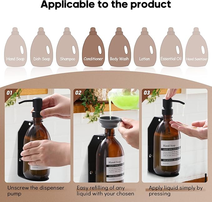 Glass No-Drill Wall Mounted Shower Soap Dispenser, Hand Soap Dispenser with Adjustable Stainless Steel Holder for Bathroom and Kitchen-(Black 1 Chamber, 18 OZ)