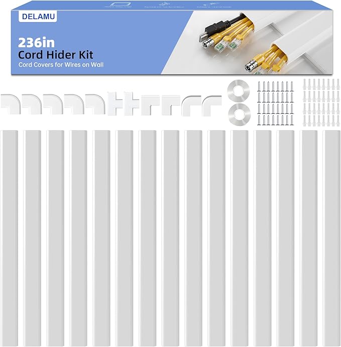 Delamu Large 236in Cord Hider, Cord Covers for 3-4 Wires on Wall, Premium TV Cable Hider, Paintable Wire Hiders Wire Covers for Cords on Wall, Easier Setup Cable Cover Raceway, W1.18 × H0.63in, White
