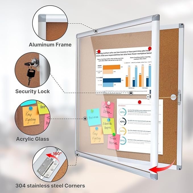 Enclosed Cork Bulletin Board Tamper-Proof Dispaly Case, Aluminium Frame, All-Weather Cork Noticeboard, Outdoor Enclosed Cork Board for School, Office, Restaurant, Hospital (28 X 26 Inches)