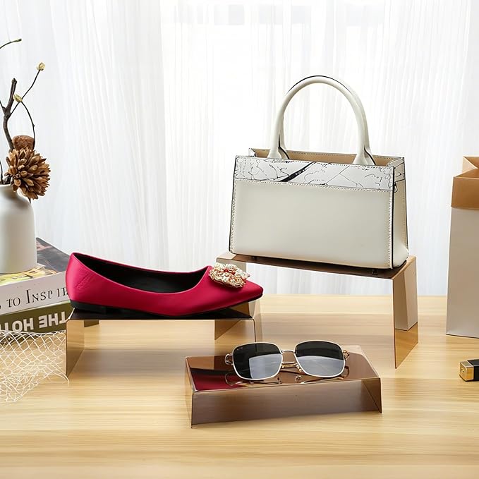 Display Risers Stainless Steel 3PCS Metal Golden Display Riser Stand Shoe Bag Holder Display Riser Shelf Showcase for Home Boutique Retail Store,Rose Gold